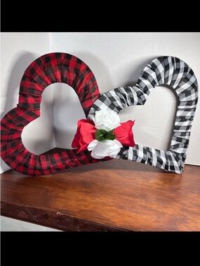 Large 24” Gingham Ribbon Wrapped Double Heart Wreath Decor Lumberjack